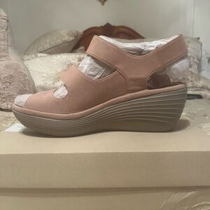 Clarks Tan Wedge Sandals with Adjustable Strap